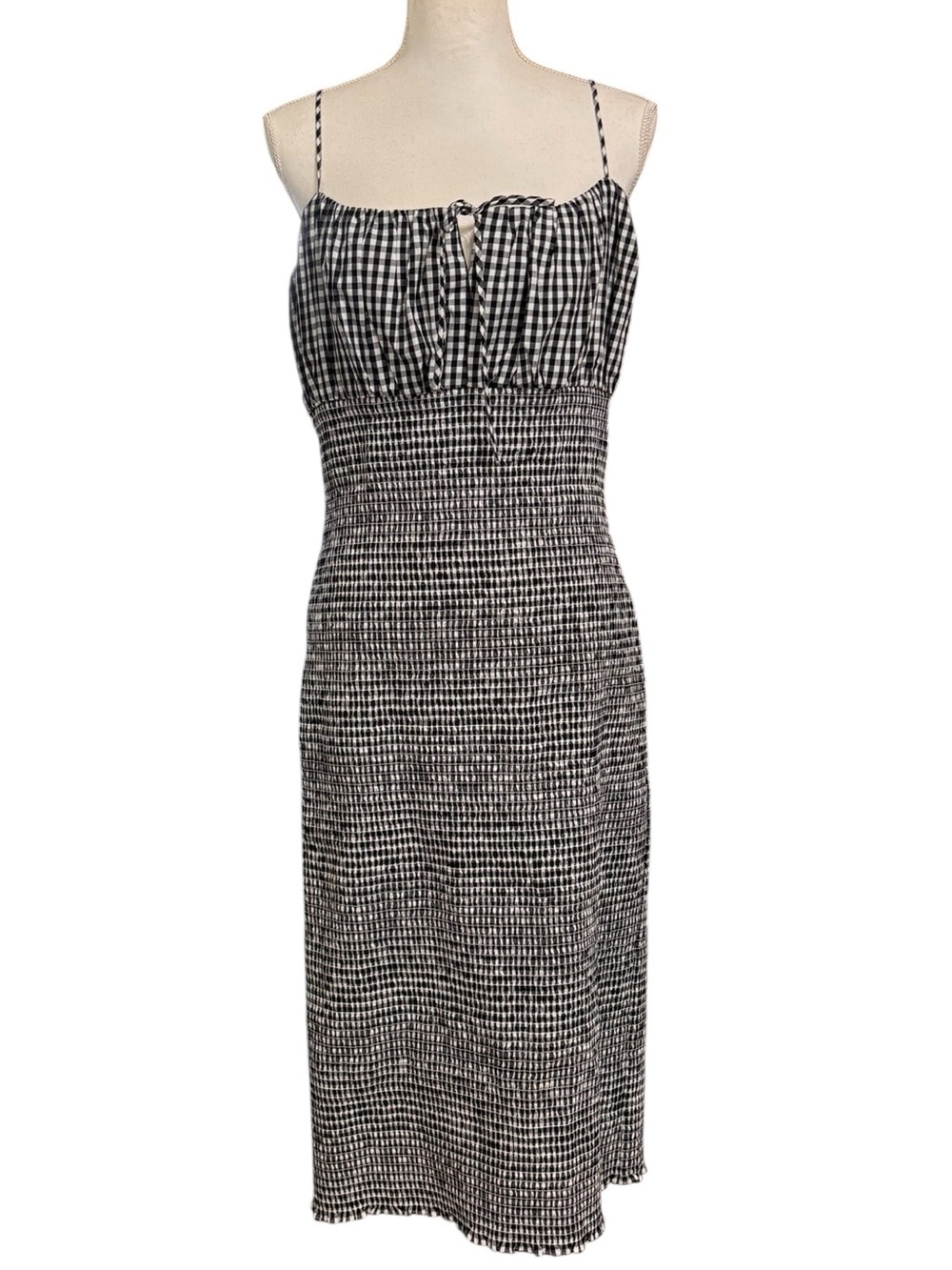 J.Crew Re-Imagined Black White Gingham Smocked Midi Dress Size 12 Cottagecore